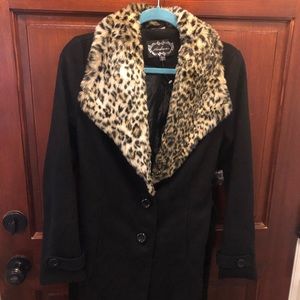 Leopard faux fur collared pea coat black Jacket